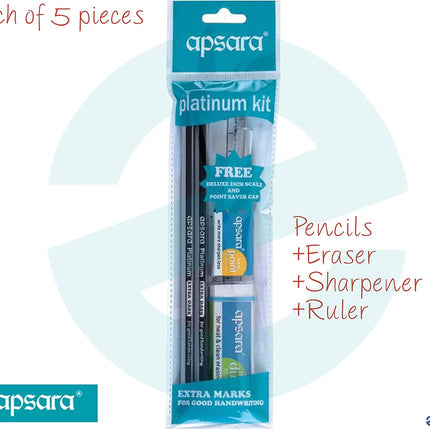Apsara Platinum 5 Pieces Writing Kit - Pencils + Eraser + Sharpener + Ruler + ZOFAX Black Ball Pen