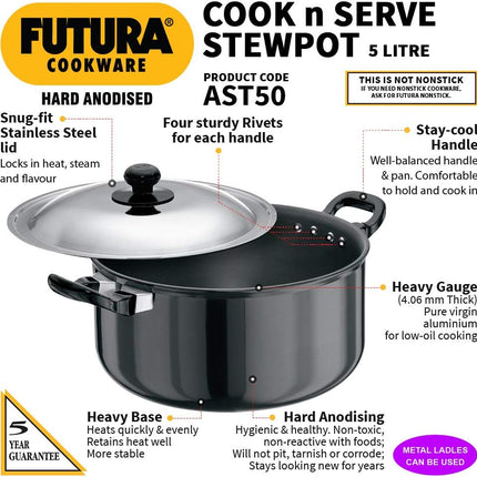 Hawkins Futura Hard Anodised Stewpot 2.25L and 5L Aluminium Cookware with Lid