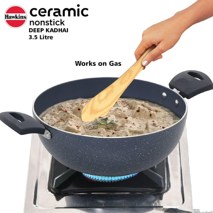 Hawkins Ceramic Non Stick Deep Kadhai 2.5L 3.5L with Glass Lid Granite Finish