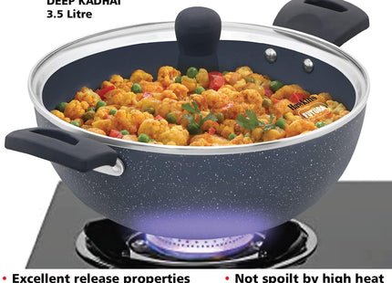 Hawkins Ceramic Nonstick Deep Kadhai with Glass Lid, Induction Granite Kadai, 2.5L & 3.5L