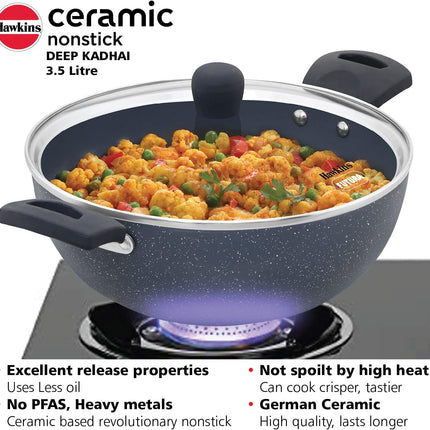 Hawkins Ceramic Non Stick Deep Kadhai 2.5L 3.5L with Glass Lid Granite Finish