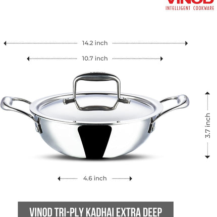 VINOD Platinum Tri-Ply Stainless Steel Kadai + Lid Kadhai 18cm 20cm 22cm 24cm 26cm Induction Gas Compatible Heavy Duty