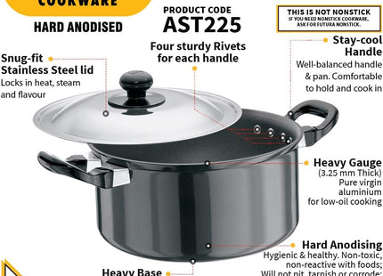 Hawkins Futura Hard Anodised Stewpot, Cook & Serve Pot, 2.25L & 5L Variants, Black