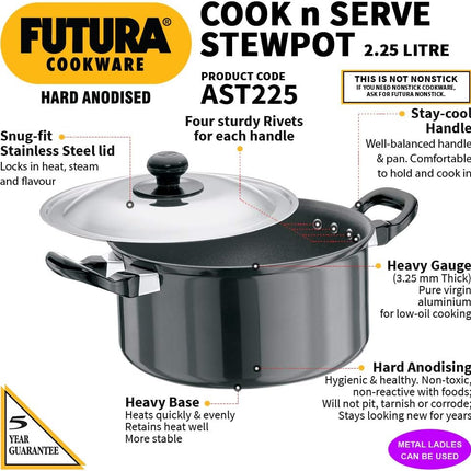 Hawkins Futura Hard Anodised Stewpot 2.25L and 5L Aluminium Cookware with Lid