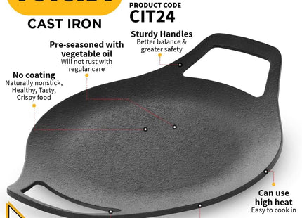 Hawkins Futura 24 cm Cast Iron Tawa, Pre-Seasoned Roti Tava, Black