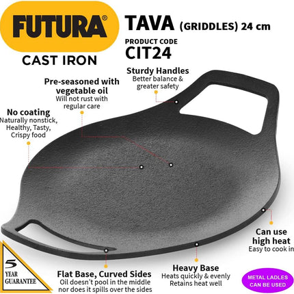 Hawkins Futura Cast Iron Tawa 24cm Pre Seasoned Naturally Non Stick Roti Chapati Griddle