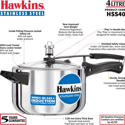 Hawkins Stainless Steel Pressure Cooker 2L to 8L Induction Gas Electric Compatible Cooker