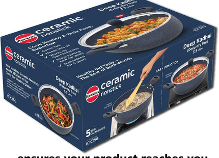 Hawkins Ceramic Nonstick Deep Kadhai with Glass Lid, Induction Granite Kadai, 2.5L & 3.5L