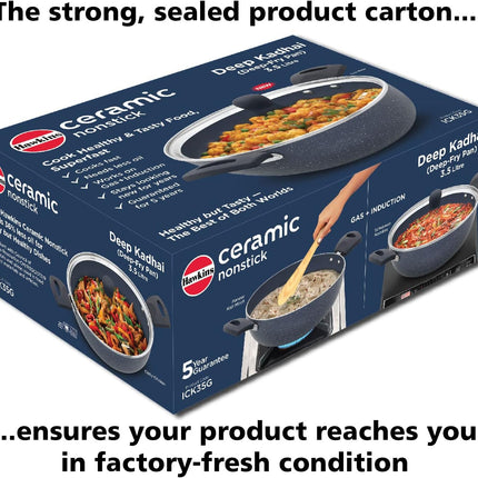 Hawkins Ceramic Non Stick Deep Kadhai 2.5L 3.5L with Glass Lid Granite Finish