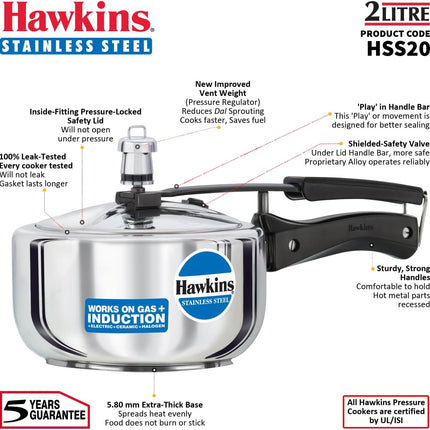 Hawkins Stainless Steel Pressure Cooker 2L to 8L Induction Gas Electric Compatible Cooker