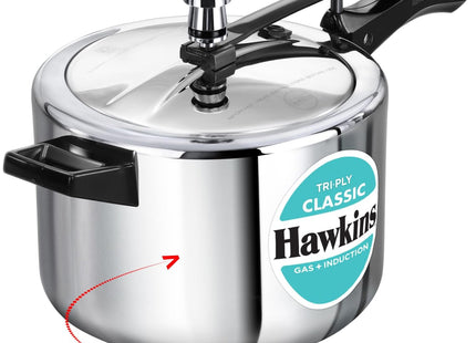 Hawkins Classic 5 Litre Triply Stainless Steel Pressure Cooker with Inner Lid, Induction Compatible, Silver