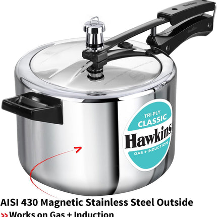 Hawkins Classic 5 Litre Triply Stainless Steel Pressure Cooker  Inner Lid Induction Compatible Heavy Duty