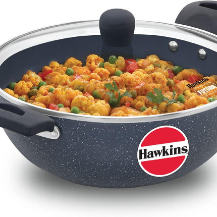 Hawkins Ceramic Non Stick Deep Kadhai 2.5L 3.5L with Glass Lid Granite Finish