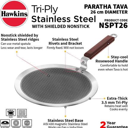 Hawkins 26cm Triply Stainless Steel Paratha Tava Nonstick Flat Tawa Rosewood Handle Induction Gas Pan