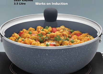 Hawkins Ceramic Nonstick Deep Kadhai with Glass Lid, Induction Granite Kadai, 2.5L & 3.5L