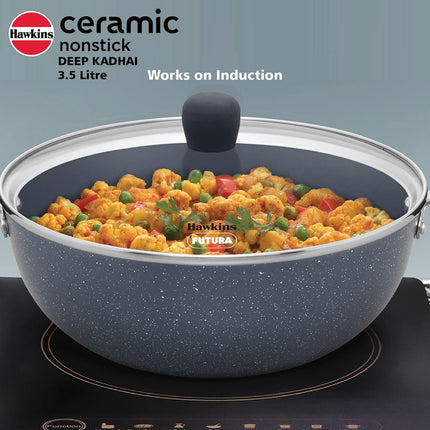 Hawkins Ceramic Non Stick Deep Kadhai 2.5L 3.5L with Glass Lid Granite Finish