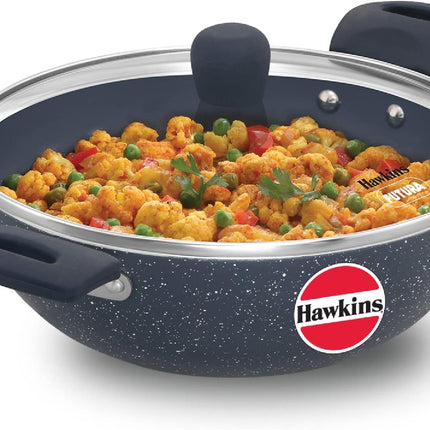 Hawkins Ceramic Non Stick Deep Kadhai 2.5L 3.5L with Glass Lid Granite Finish