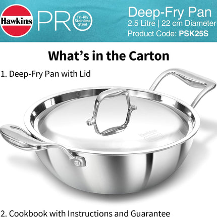 Hawkins Pro Tri Ply Stainless Steel Cookware Fry Pan Kadhai Lid Induction Gas Oven Safe