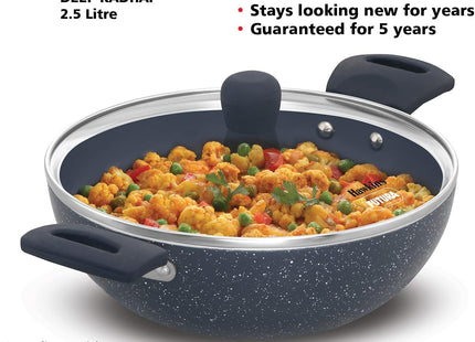 Hawkins Ceramic Nonstick Deep Kadhai with Glass Lid, Induction Granite Kadai, 2.5L & 3.5L