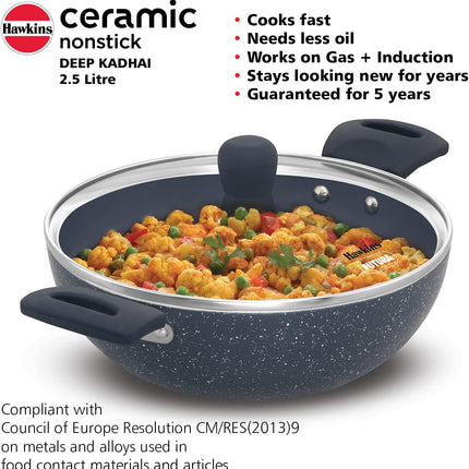 Hawkins Ceramic Non Stick Deep Kadhai 2.5L 3.5L with Glass Lid Granite Finish
