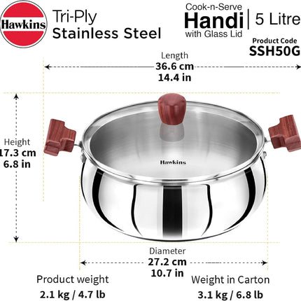 Hawkins Tri Ply Stainless Steel Handi 3L 4L 5L Glass Lid Induction Compatible Cook Serve Pot