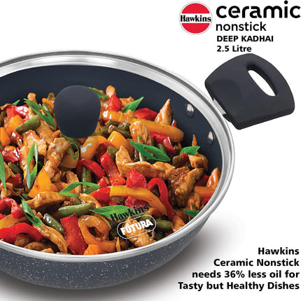 Hawkins Ceramic Non Stick Deep Kadhai 2.5L 3.5L with Glass Lid Granite Finish
