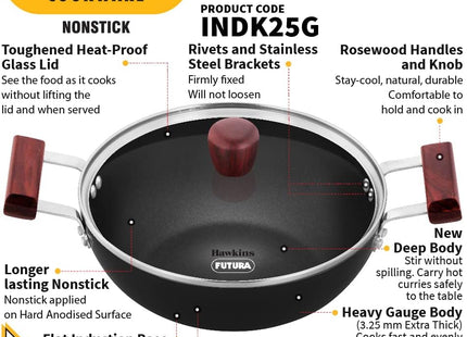 Hawkins Futura 2.5 Litre Non Stick Deep Kadhai with Glass Lid