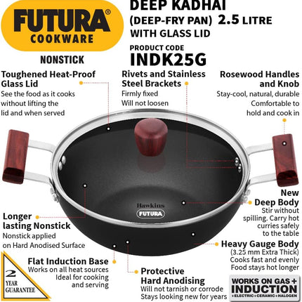 Hawkins Futura 2.5L Non Stick Deep Kadhai Glass Lid Induction Gas Compatible