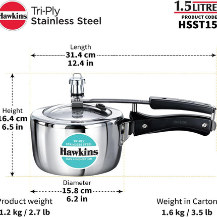 Hawkins Triply Stainless Steel Pressure Cooker 1.5L 2.5L 3.5L 4.5L 7L 3mm Steel Inner Lid Induction Compatible