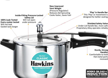 Hawkins Classic 5 Litre Triply Stainless Steel Pressure Cooker with Inner Lid, Induction Compatible, Silver