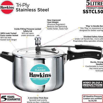 Hawkins Classic 5 Litre Triply Stainless Steel Pressure Cooker  Inner Lid Induction Compatible Heavy Duty