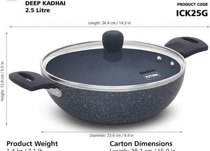 Hawkins Ceramic Nonstick Deep Kadhai with Glass Lid, Induction Granite Kadai, 2.5L & 3.5L