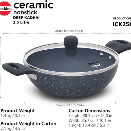 Hawkins Ceramic Non Stick Deep Kadhai 2.5L 3.5L with Glass Lid Granite Finish