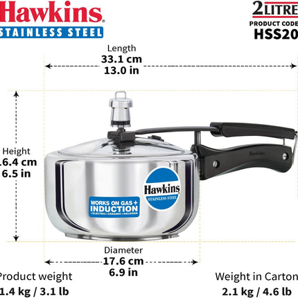 Hawkins Stainless Steel Pressure Cooker 2L to 8L Induction Gas Electric Compatible Cooker