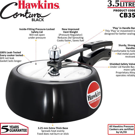 Hawkins Contura Hard Anodized Pressure Cooker 1.5L to 6.5L Curved Body Energy Efficient Cooker