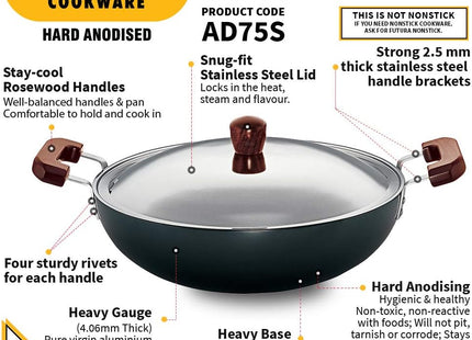 Hawkins Futura Hard Anodised Deep Fry Pan Collection – 2.5L, 3.75L, 5L & 7.5L Flat Bottom Kadai with Stainless Steel Lid, Black