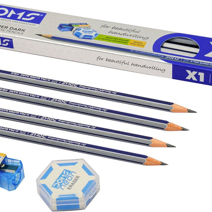 Doms X1 X-Tra Super Dark Pencils 1 Pack - 10 Pencils - 1 Eraser + 1 Sharpner + 1 Protection Cap Free