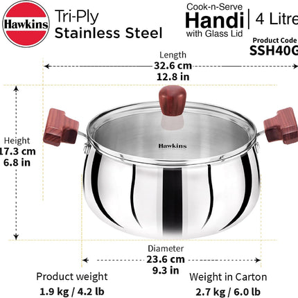 Hawkins Tri Ply Stainless Steel Handi 3L 4L 5L Glass Lid Induction Compatible Cook Serve Pot
