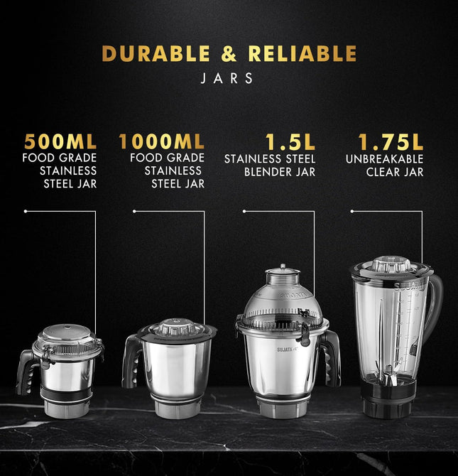 Sujata MG03 900W mixér a mlýnek na koření s odšťavňovačem a nádobami