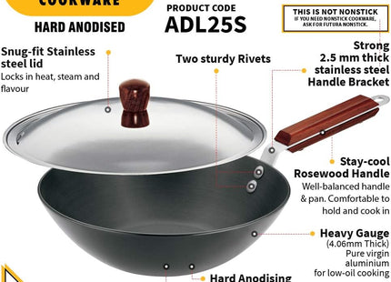Hawkins Futura Hard Anodised Deep-Fry Pan (Kadhai), Long Handle, with Stainless Steel Lid, Black