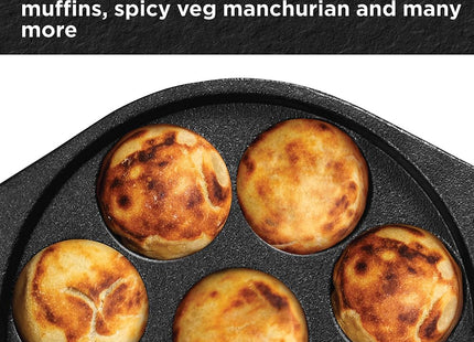 Hawkins Futura Cast Iron Appe Pan (Paniyaram Pan), 16 cm, 8 Cups, with Glass Lid, Black