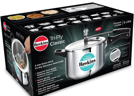 Hawkins Classic 5 Litre Triply Stainless Steel Pressure Cooker with Inner Lid, Induction Compatible, Silver