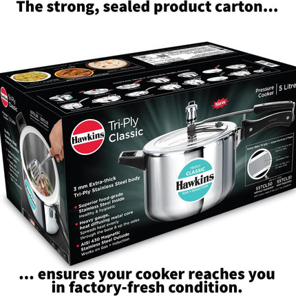 Hawkins Classic 5 Litre Triply Stainless Steel Pressure Cooker  Inner Lid Induction Compatible Heavy Duty