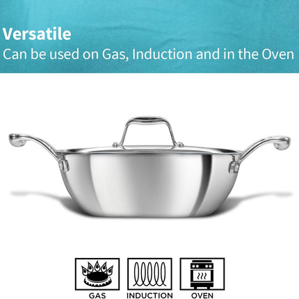 Hawkins Pro Tri Ply Stainless Steel Cookware Fry Pan Kadhai Lid Induction Gas Oven Safe