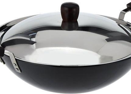 Hawkins Futura Hard Anodised Deep Fry Pan Collection – 2.5L, 3.75L, 5L & 7.5L Flat Bottom Kadai with Stainless Steel Lid, Black