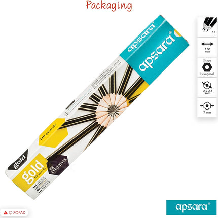 Apsara Gold 10 Wooden Pencils Eraser Sharpener Break-Resistant Lead Office School