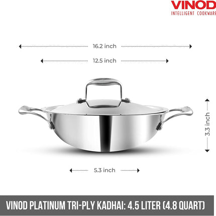 VINOD Platinum Triply Stainless Steel Deep Kadhai Kadai + Lid 26cm 28cm 30cm GAS Induction