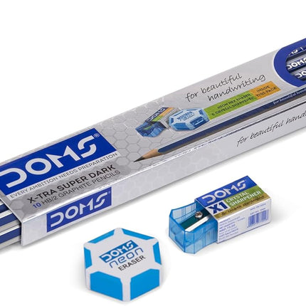 Doms X1 X-Tra Super Dark Pencils 1 Pack - 10 Pencils - 1 Eraser + 1 Sharpner + 1 Protection Cap Free