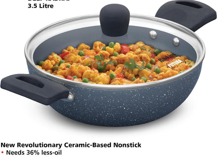 Hawkins Ceramic Nonstick Deep Kadhai with Glass Lid, Induction Granite Kadai, 2.5L & 3.5L