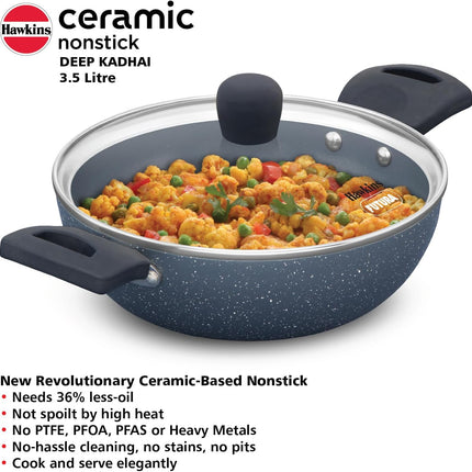 Hawkins Ceramic Non Stick Deep Kadhai 2.5L 3.5L with Glass Lid Granite Finish